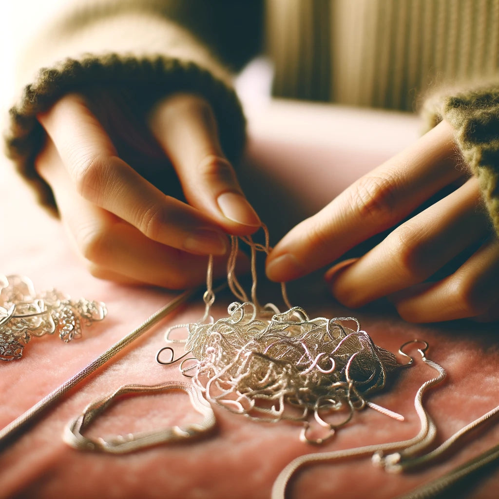 Close-up of a woman's hands gently untangling two intricately knotted sterling silver necklaces on a pale pink velvet surface, illustrating the delicate process of jewellery care.