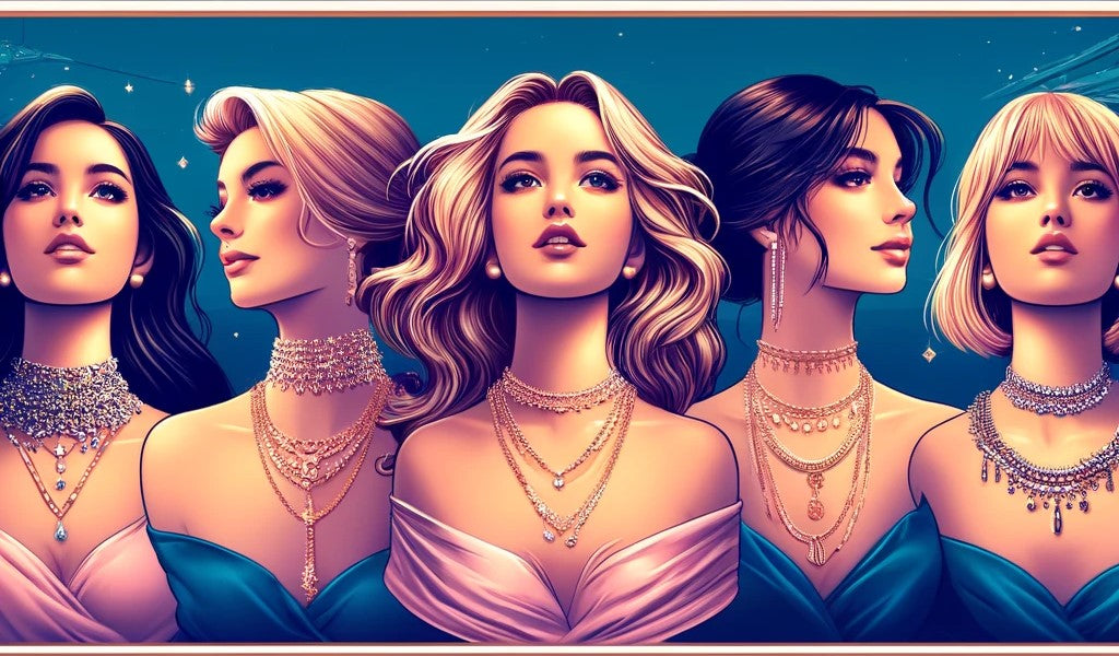 An informative image showcasing different necklace lengths and styles, including chokers, princess, matinee, opera, and rope lengths.