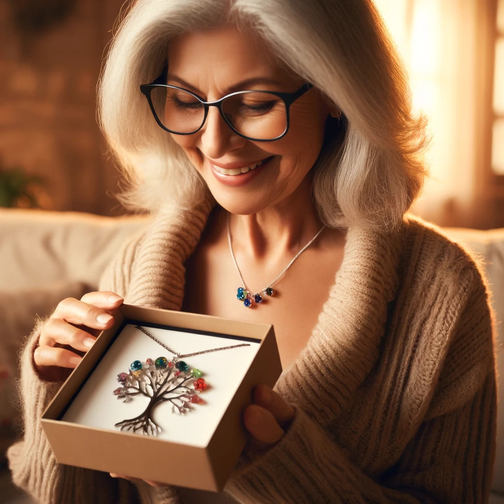 Affectionate grandmother in a cozy sweater smiles as she opens a gift box revealing a Tree of Life necklace with colorful birthstones, symbolizing family unity and love, in a warm living room setting.