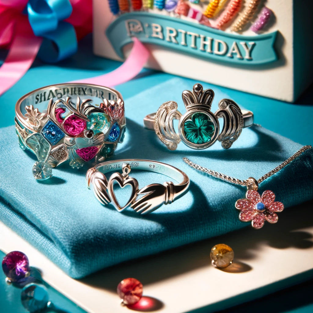 Vibrant display of birthday-themed sterling silver jewellery including a Claddagh ring and a family birthstone bracelet, artistically arranged with brand colours symbolising Irish birthday traditions.