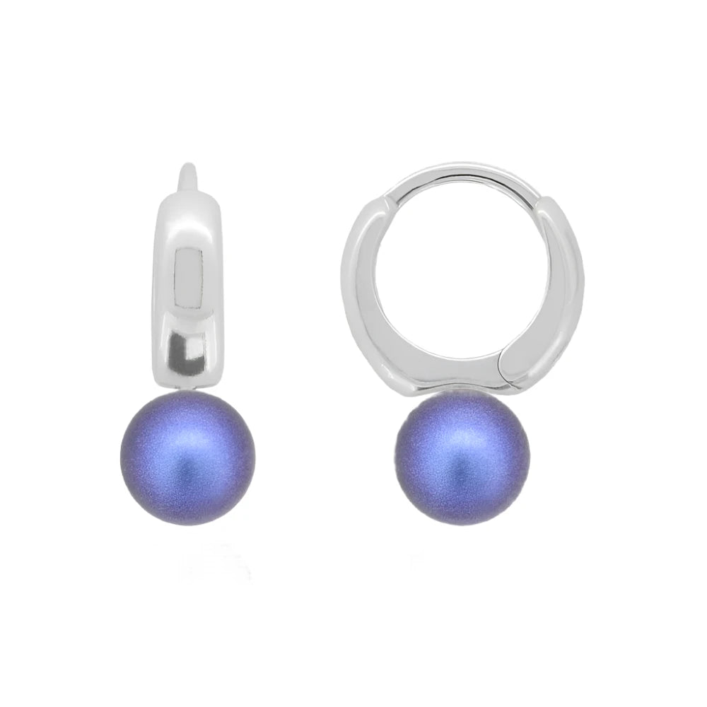 8mm iridescent blue crystal pearl hoop earrings in sterling silver, hypoallergenic