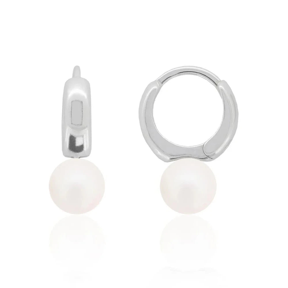 8mm pearlescent white crystal pearl hoop earrings in sterling silver, hypoallergenic