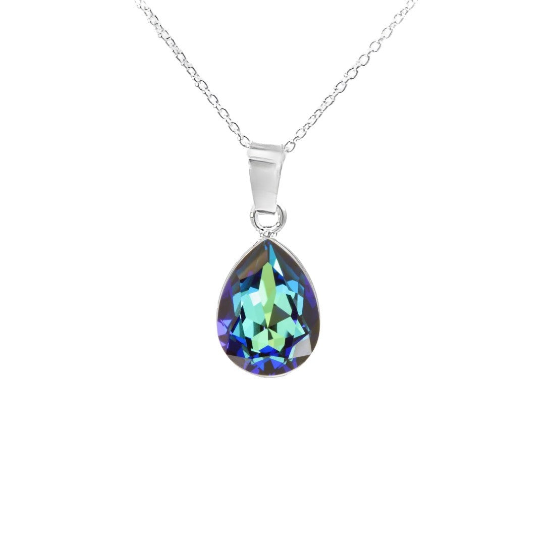 Bermuda Blue Solitaire Teardrop Pendant Necklace in 925 Sterling Silver with Pear-cut Austrian crystals by Magpie Gems in Ireland