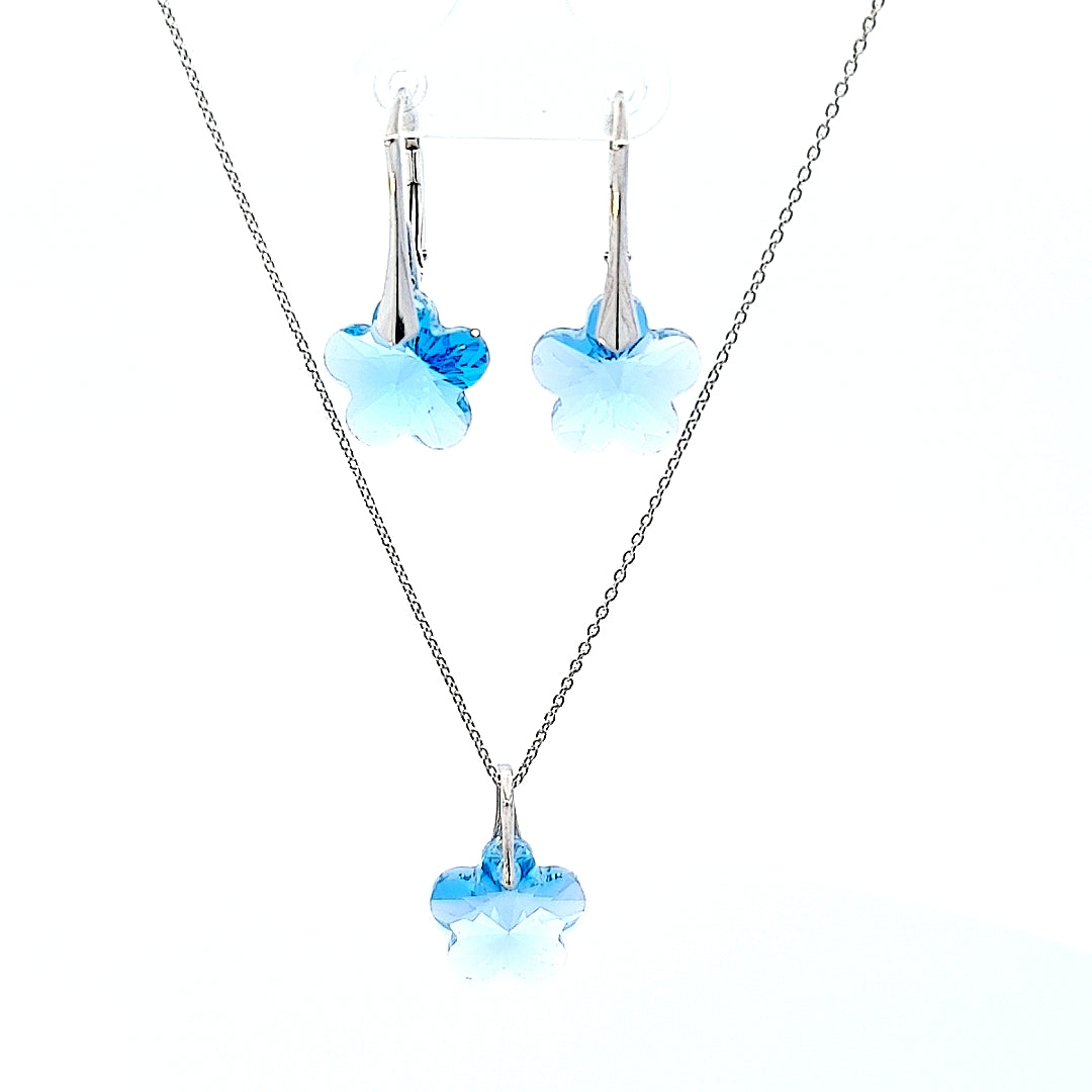 Aquamarine Crystal Flower Sterling Silver Jewellery Set