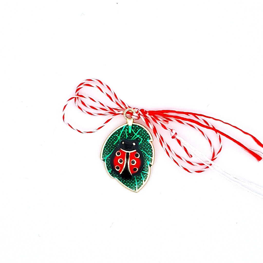 Ladybug on a Green Leaf Martisor on White Background, a celebration of spring and renewal