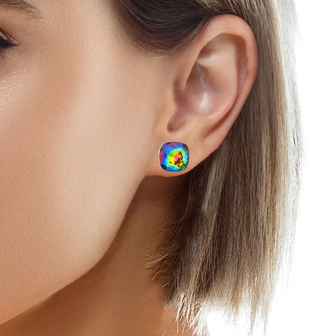 Woman's Silver Cushion Stud Earrings with Vitrail Medium square Austrian crystal, capturing the essence of transformation and empowerment with bold colours