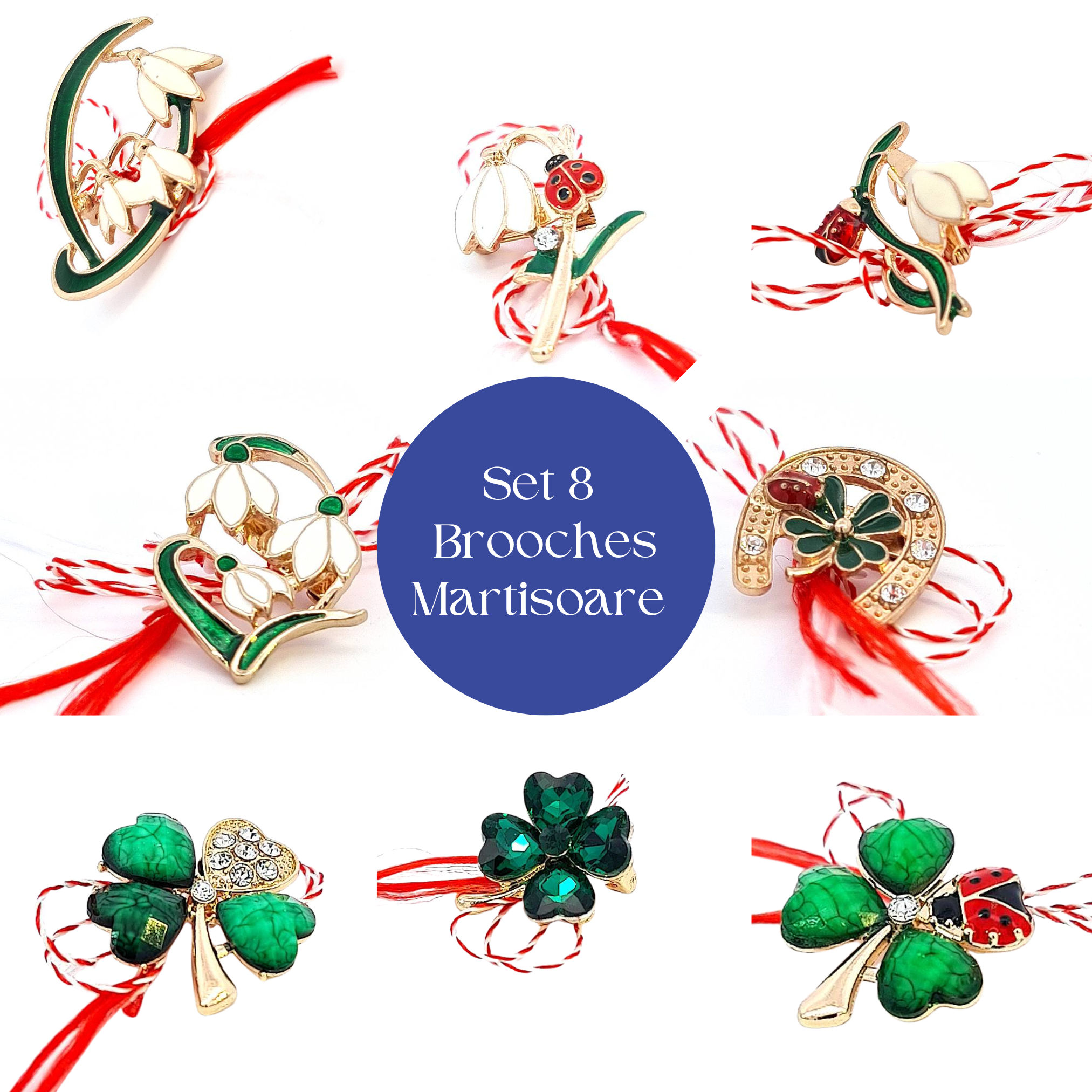 Set of 8 Martisoare brooches for women, made from metal alloy and enamel, featuring unique spring-inspired designs, presented with traditional Romanian packaging and red and white Martisor string.