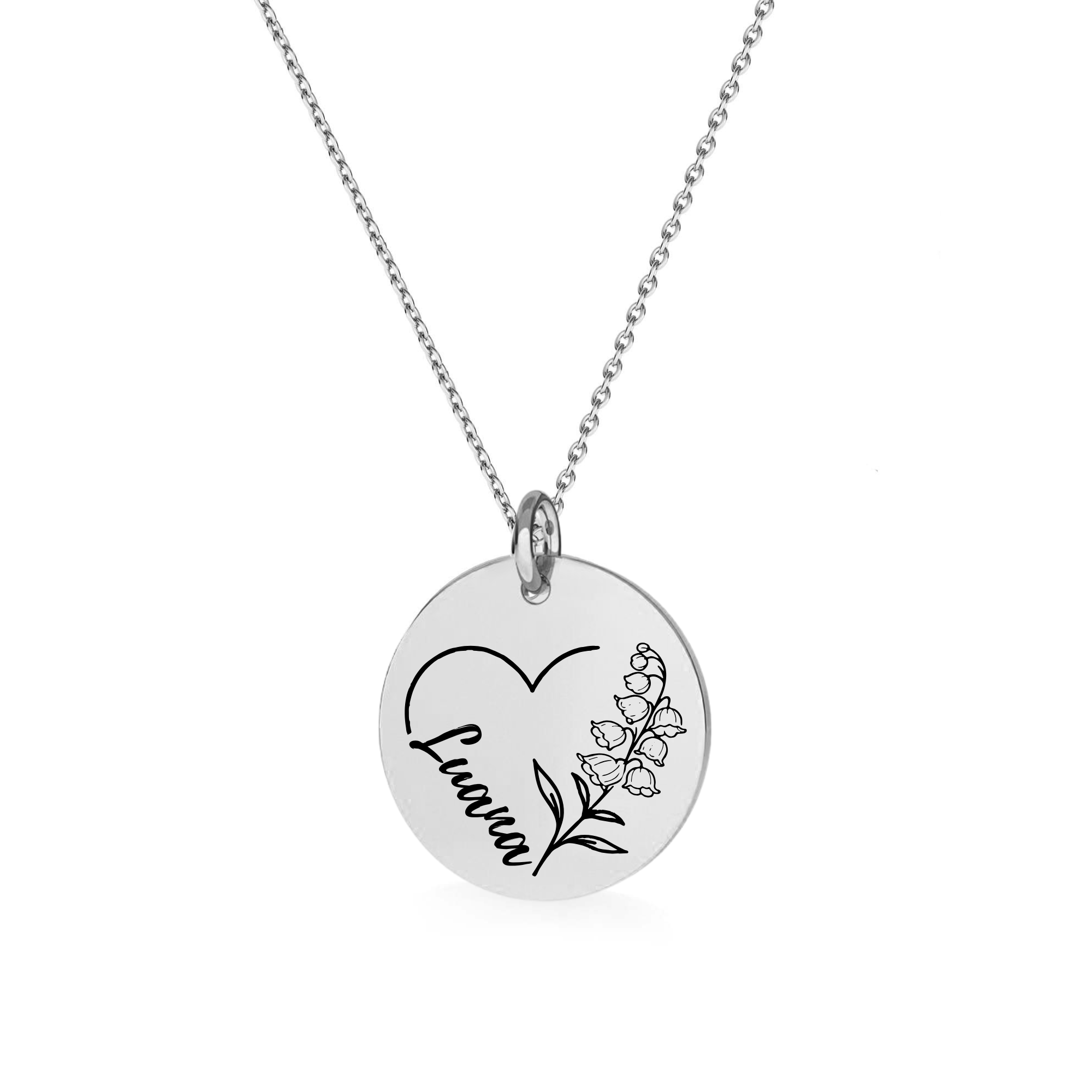 Personalised Sterling Silver Lilly of the Valley Birth Flower Necklace with Name Engraving - May Birthday Gift