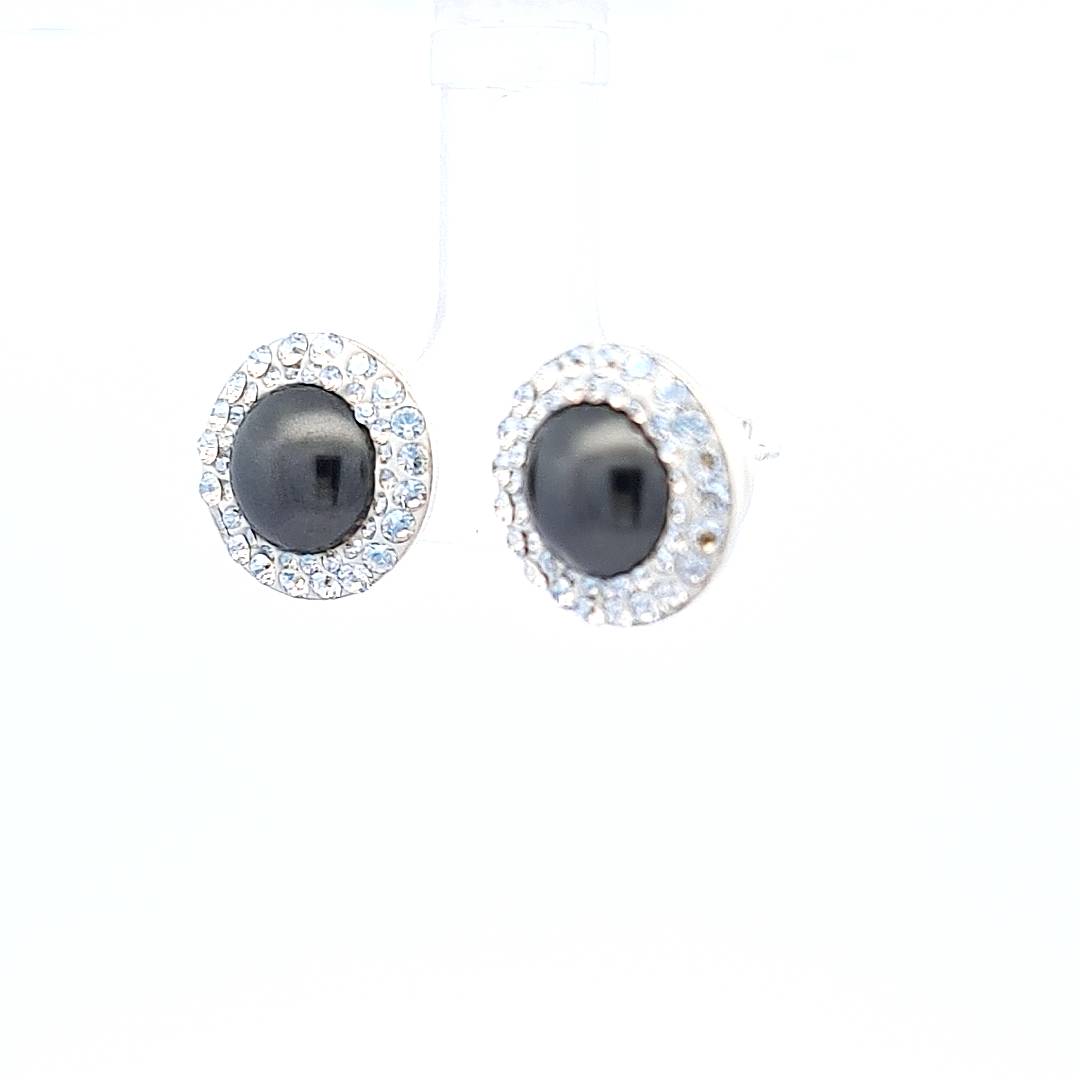 Side view of Dark Grey Pearl Cabochon with Double Halo Crystals Stud Earrings in Sterling Silver