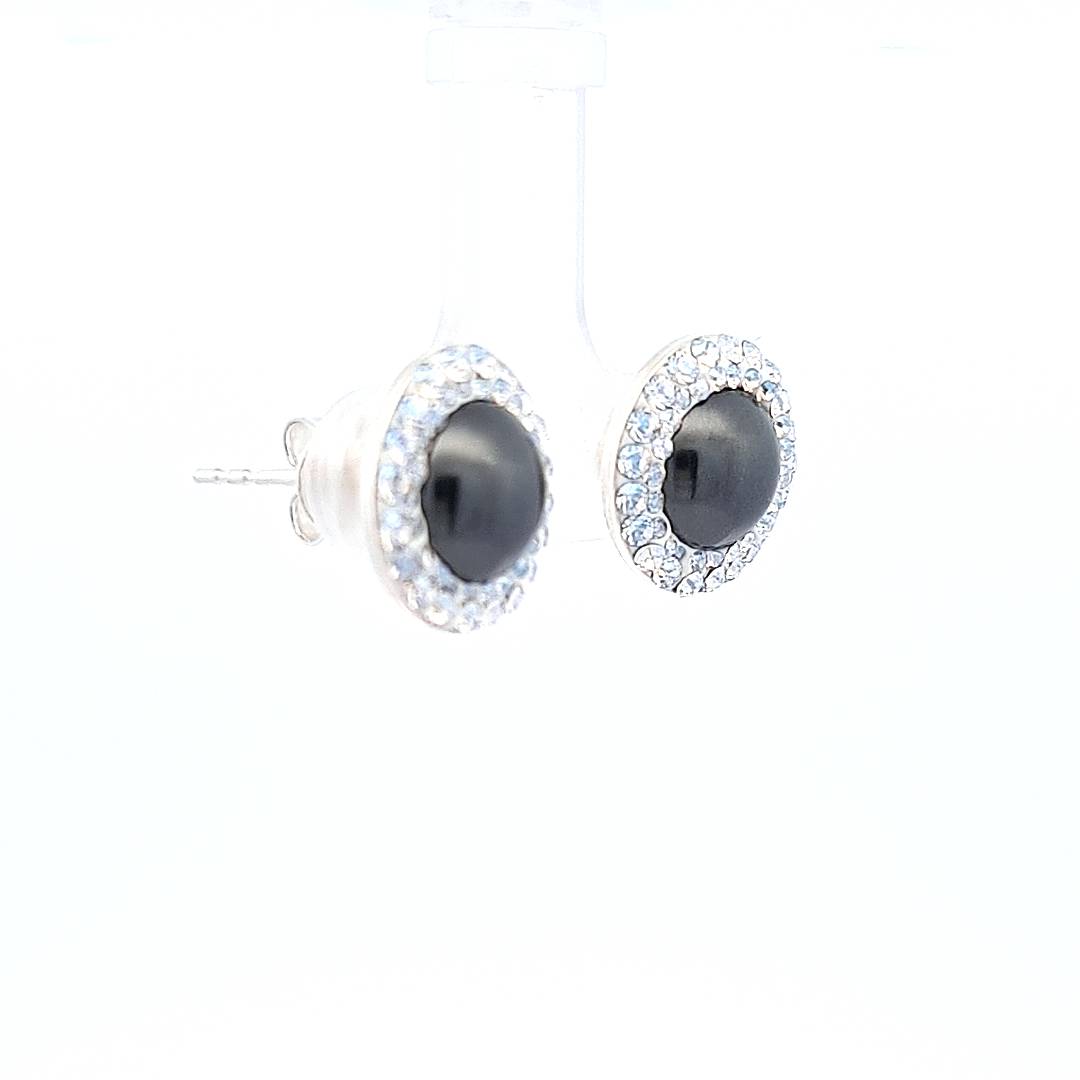 Close-up of Dark Grey Pearl Cabochon with Double Halo Crystals Stud Earrings for Women