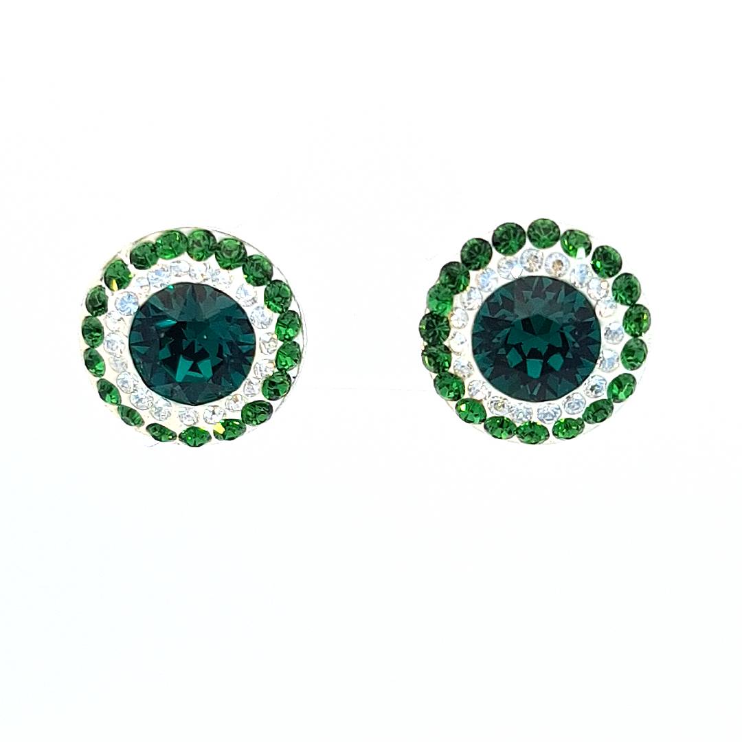 Silver Stud Earrings with Double Halo Crystals and Emerald Green Stone