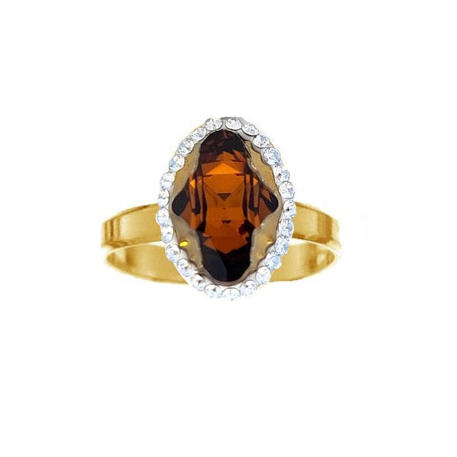 Close-up of Amber Aura Halo Ring with Rich Amber Crystal with 24k Yellow Gold plating