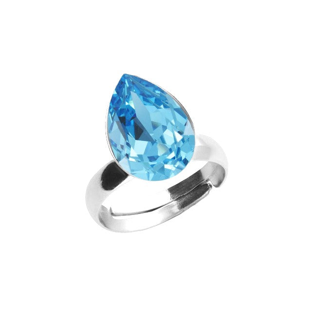 Aquamarine Blue Solitaire Silver Ring in Nickel-Free Sterling Silver with Pear-shaped Teardrop Crystal by Magpie Gems Ireland