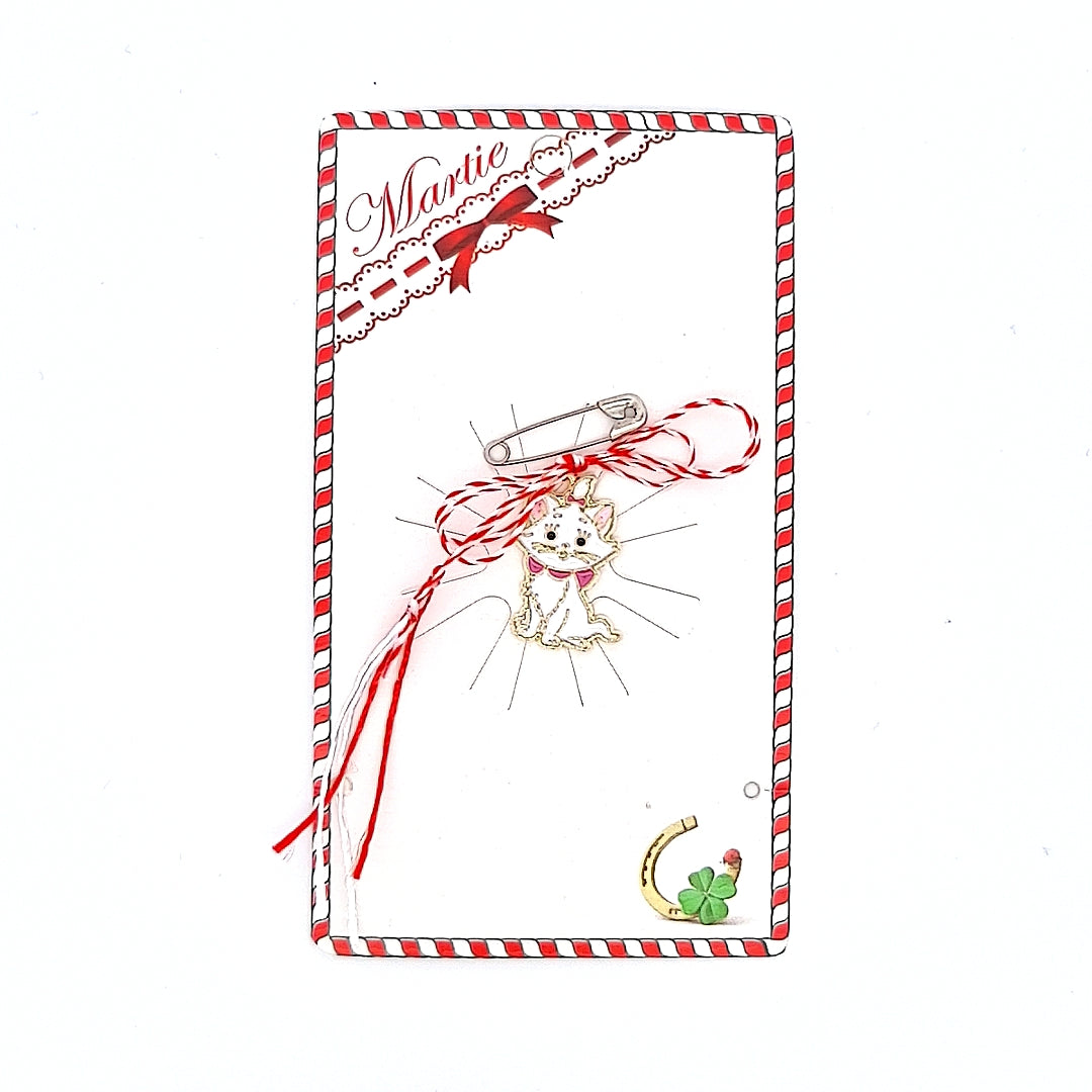 Martisor pisicuta alba cu fundita roz (Marie) si card Martisor  din Irlanda