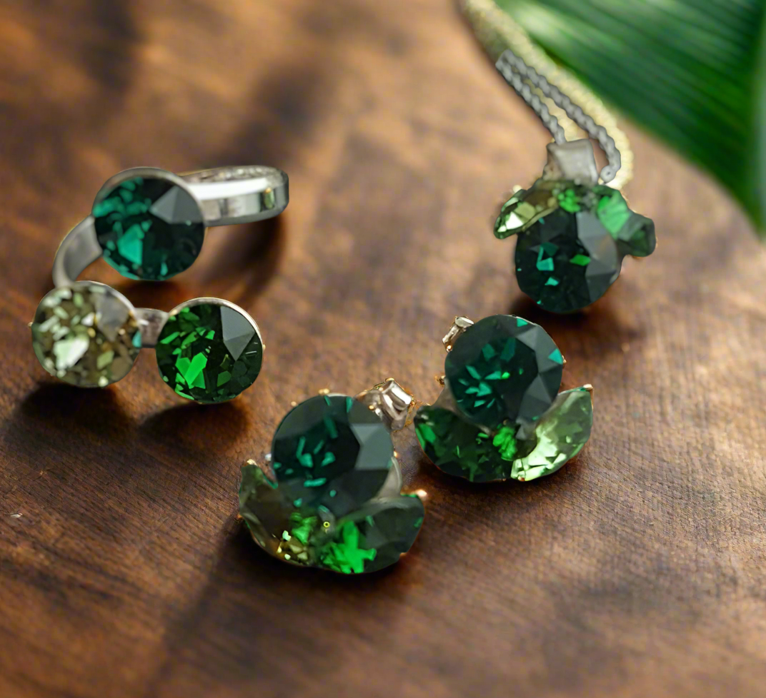 Shades of Green Crystal Fusions Necklace, Earrings and/or Ring