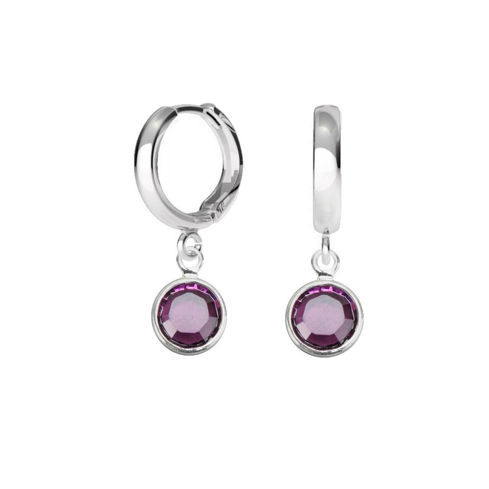 Birthstone Hoop Earrings with Amethyst Crystal Charm for February