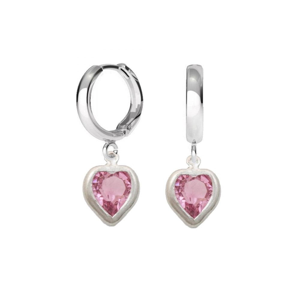 Birthstone Hoop Earrings with Opal-like Rose Pink Heart Charm for October