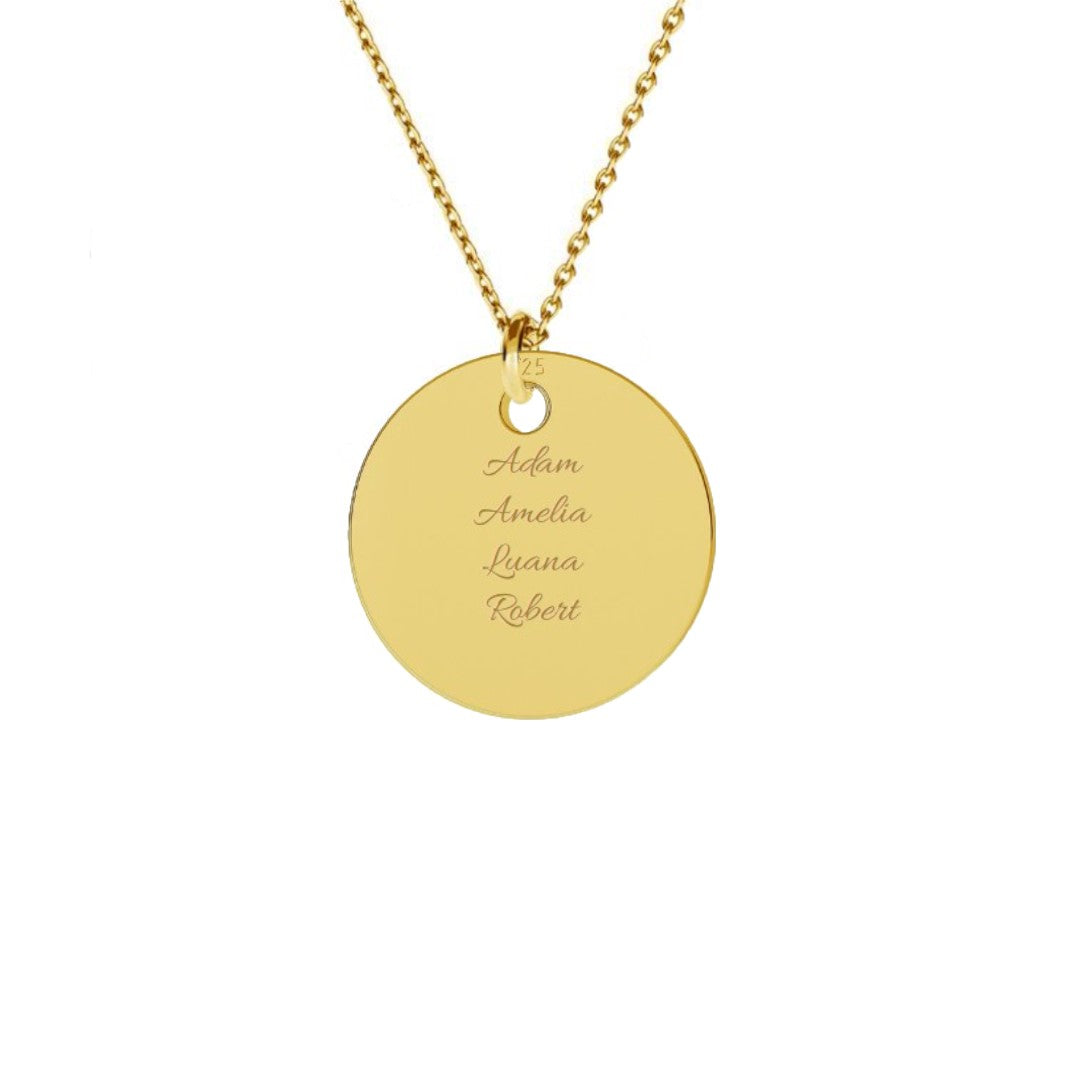 Gold-plated pendant featuring four engraved names, designed in a circular shape, perfect for personalised gifts.