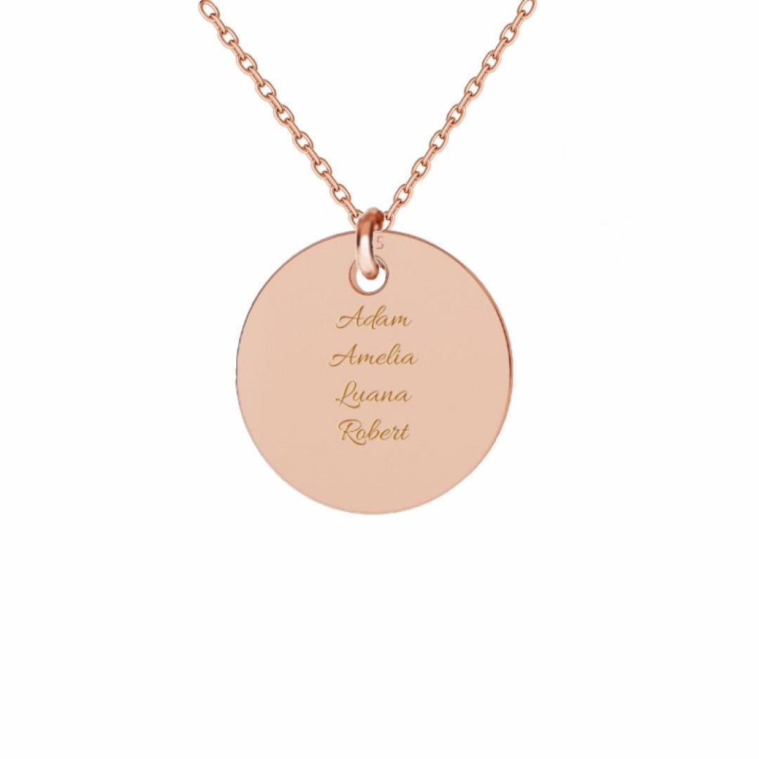 Rose gold pendant with four names engraved, designed in a classic circular shape, perfect for celebrating family and loved ones.