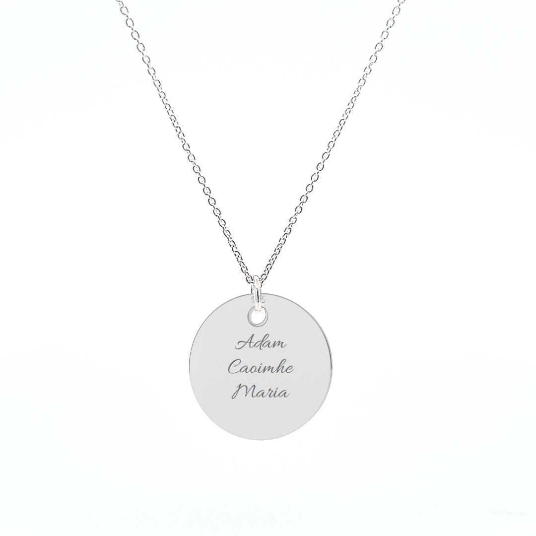 Sterling silver pendant with three names, beautifully engraved in a circular design to symbolise family unity.