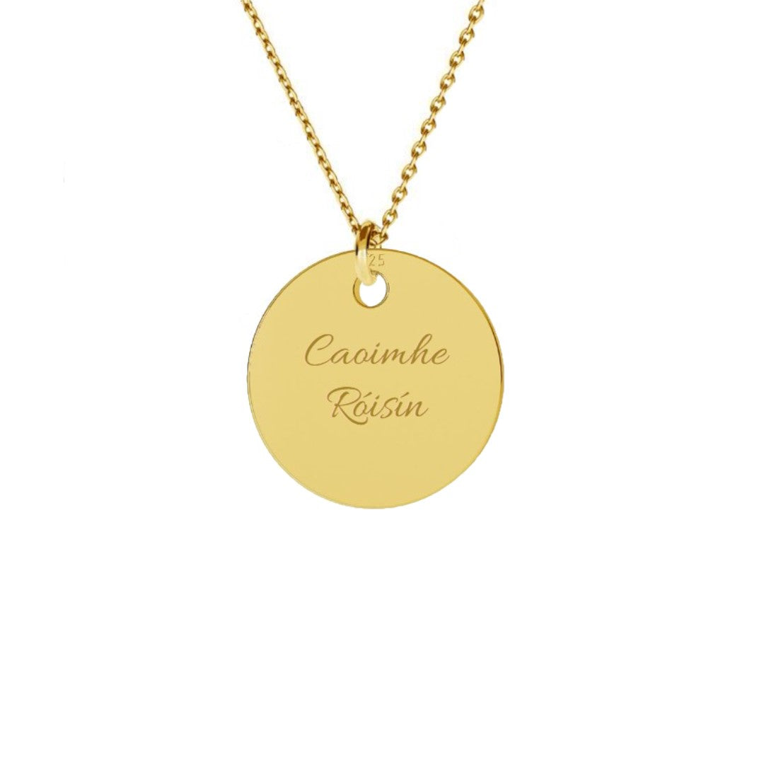 Gold-plated pendant engraved with two names, showcasing a beautiful, circular design for a personalised touch.