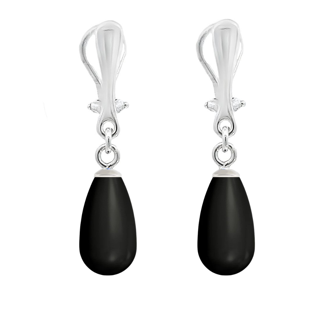 Elegant Long Dangling Clip-On Earrings with Black Teardrop Pearl, Hypoallergenic Sterling Silver, handmade by Magpie Gems in Ireland