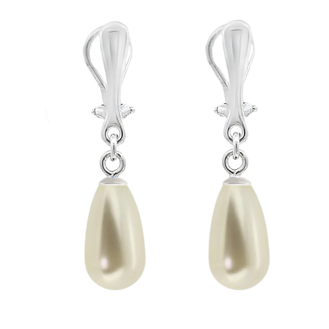 Elegant Long Dangling Clip-On Earrings with Ivory Cream Teardrop Pearl, Hypoallergenic Sterling Silver, handmade by Magpie Gems in Ireland