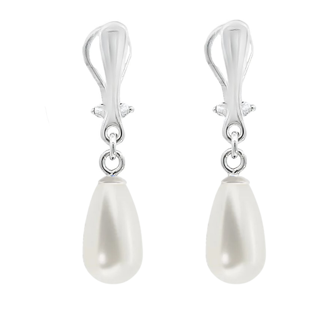 Elegant Long Dangling Clip-On Earrings with White Teardrop Pearl, Hypoallergenic Sterling Silver, handmade by Magpie Gems in Ireland