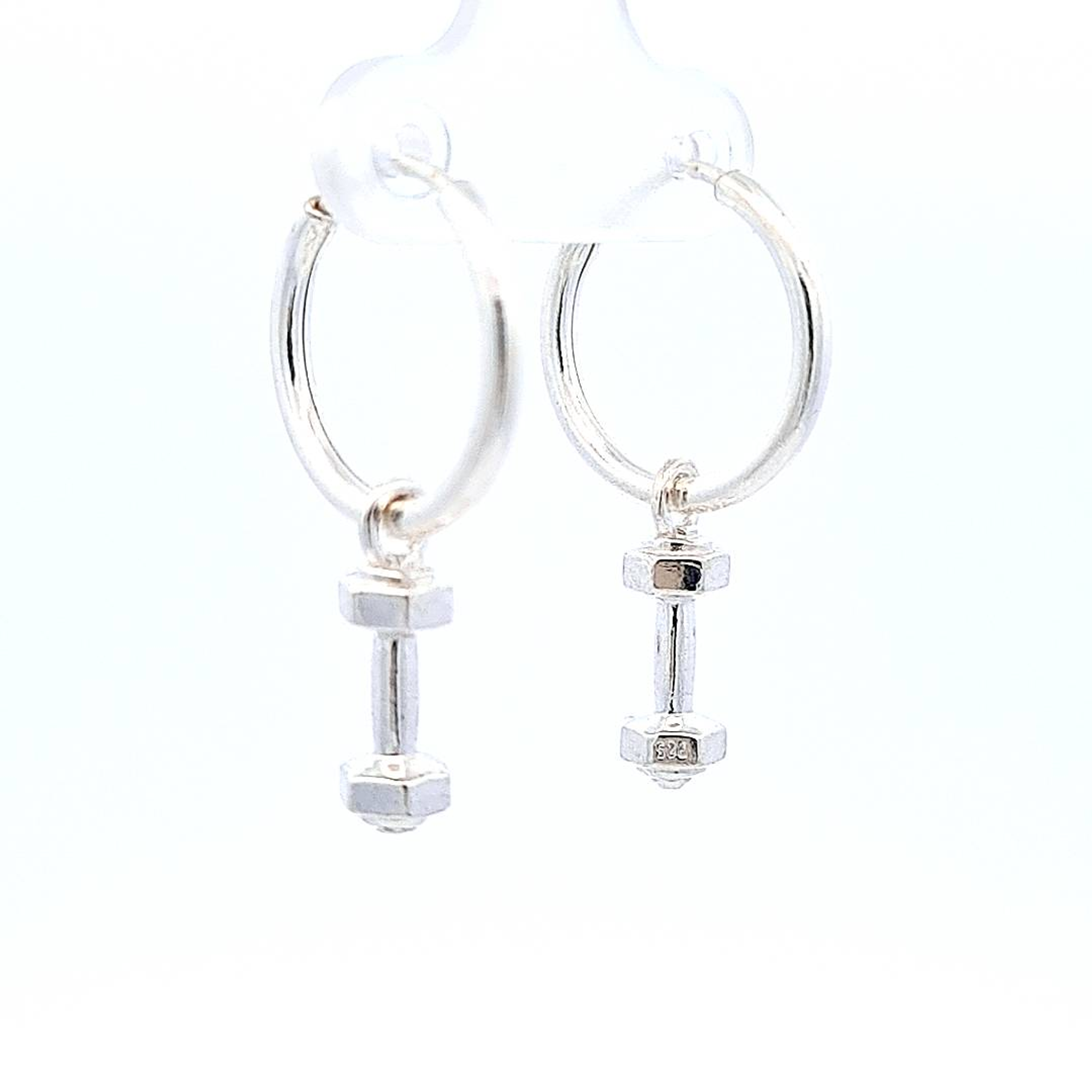 Close-up of Dumbbell Charm Hoop Earrings