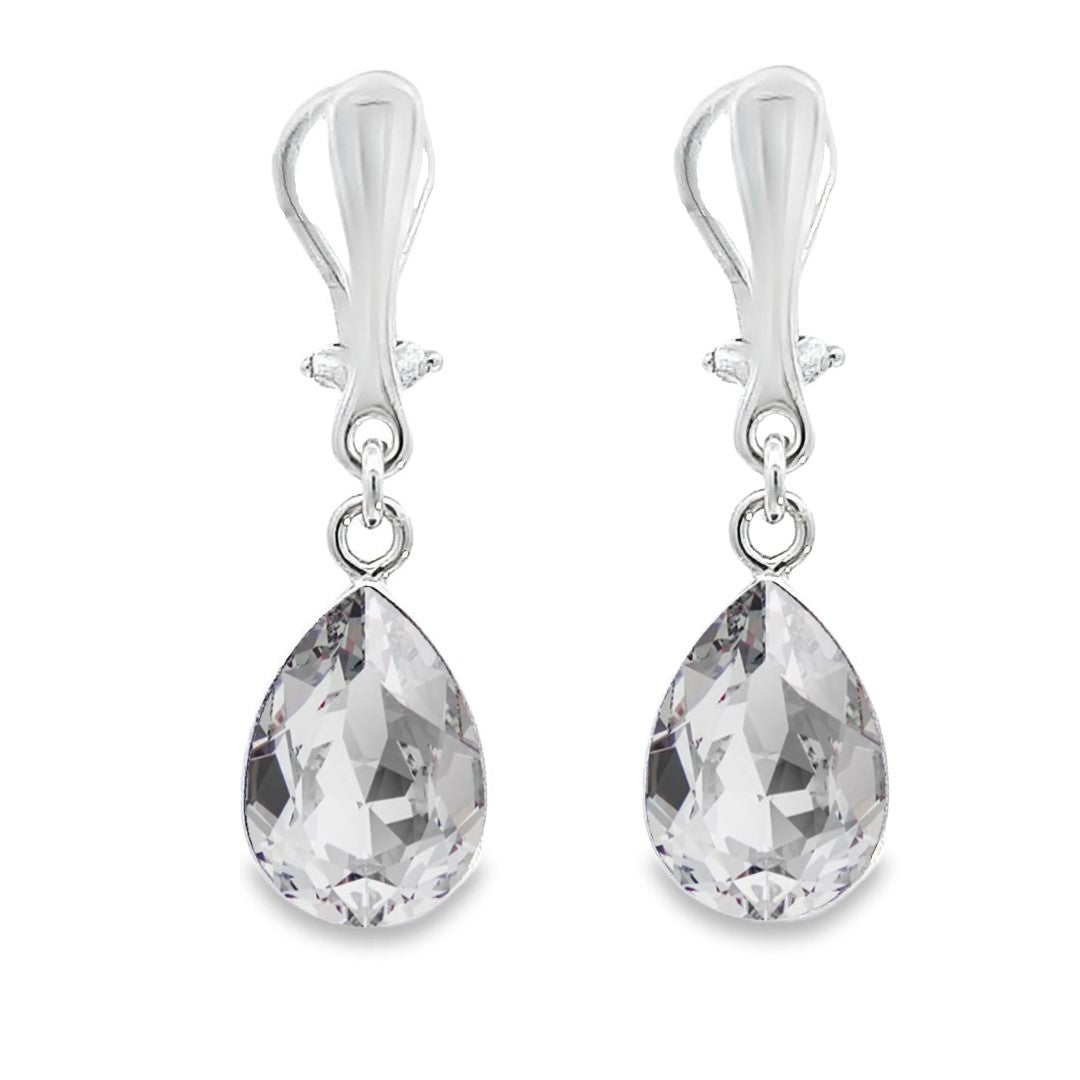 Crystal Clear Pear-Shaped Clip-On Teardrop Earrings in Sterling Silver made in Ireland by Magpie Gems