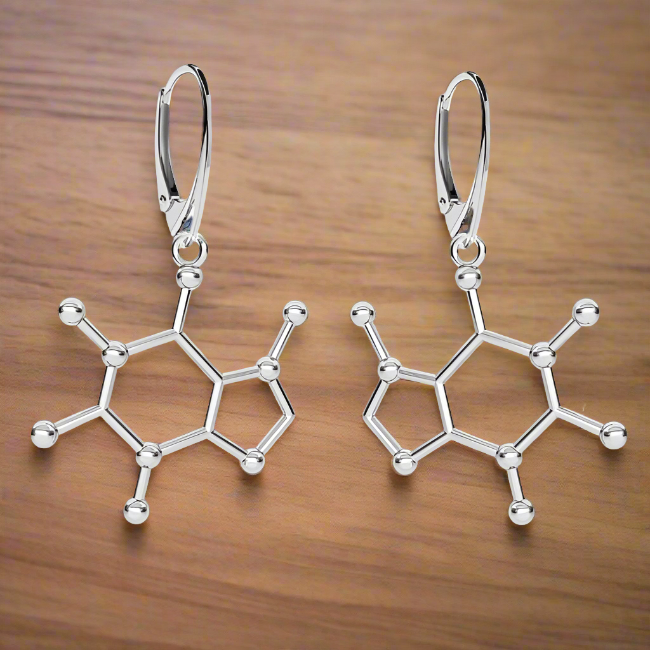 Dainty Caffeine Molecule Pendant Drop Earrings for Coffee Lovers and Geeks in Ireland