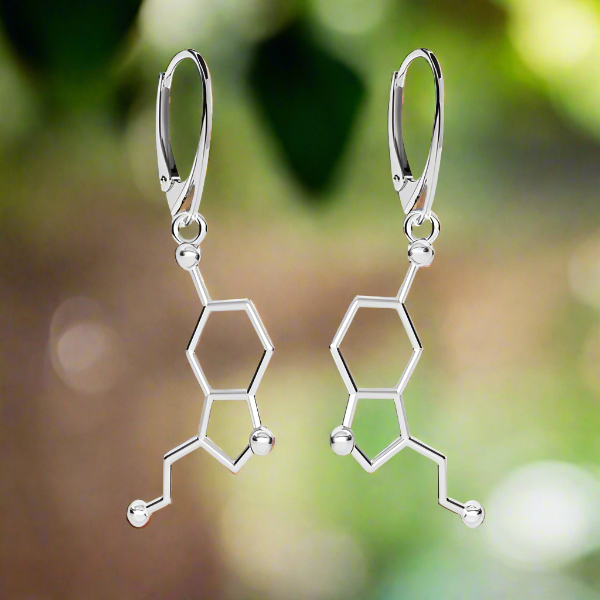 Dainty Serotonin Molecule Pendant Drop Earrings for Medical Professionals and Geeks, Sterling Silver Serotonin Molecule Drop Earrings with Kidney Leverback