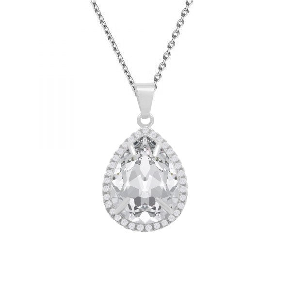 Dazzling Pear Sterling Silver Halo Pendant Necklace with Crystal Clear