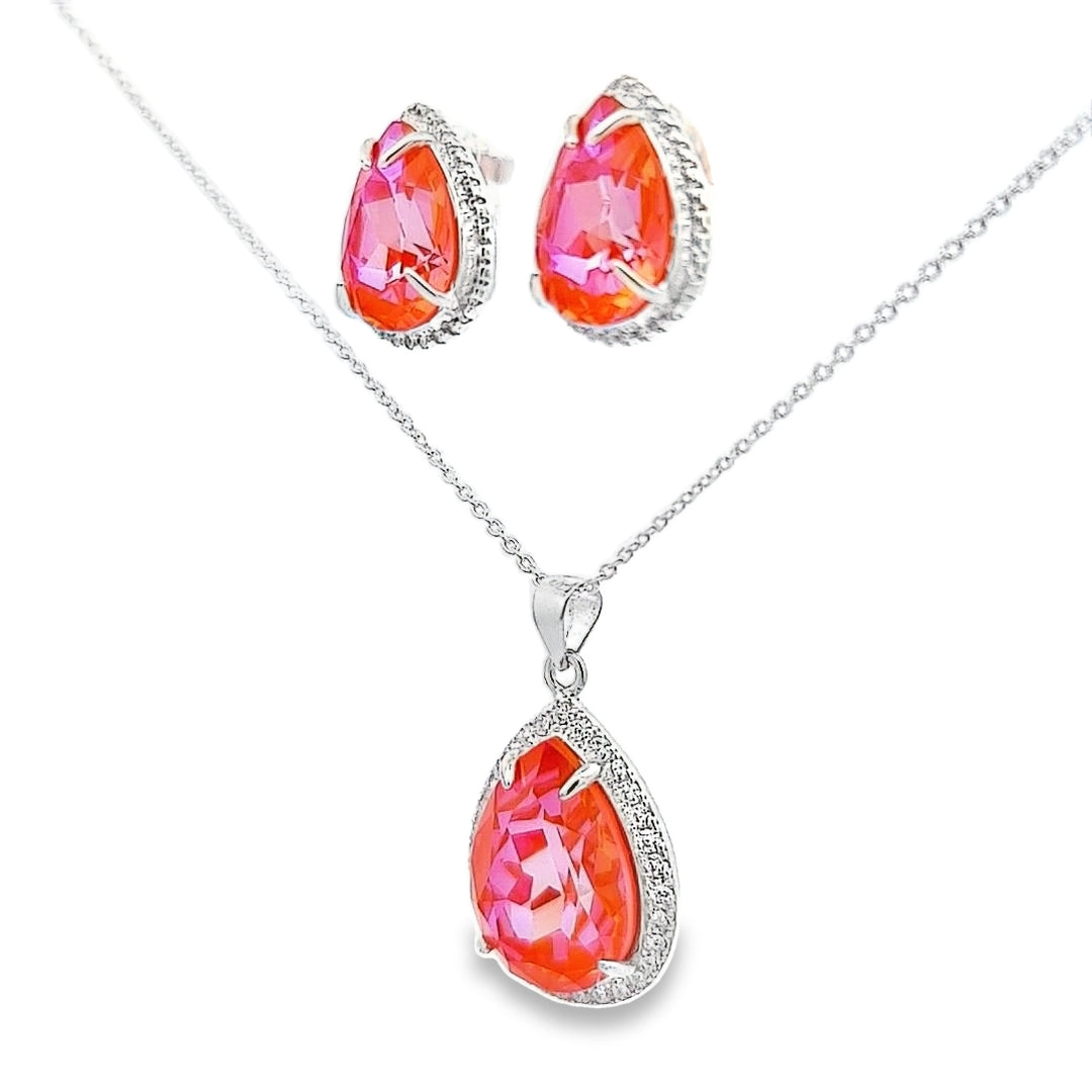 Close-up of Orange Glow Delite Dazzling Pear Stud Earrings and Pendant Necklace