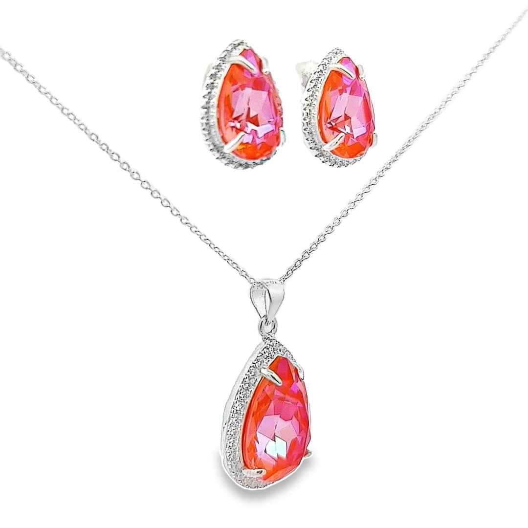 Hand-Finished Sterling Silver Dazzling Pear Silver Jewellery Set with Orange Glow Delite