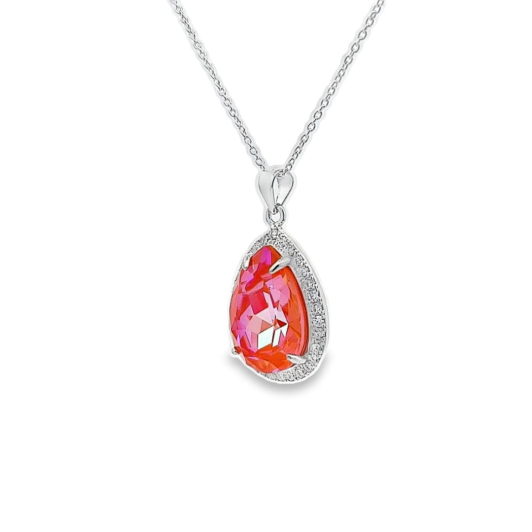 Side View of Dazzling Pear Sterling Silver Halo Pendant Necklace with Orange Glow Delite Crystal