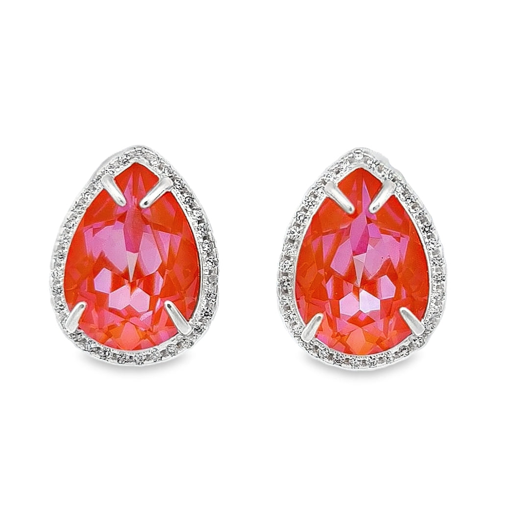 Dazzling PearLarge Silver Stud Earrings in Sterling Silver with Orange Glow Delite Crystals