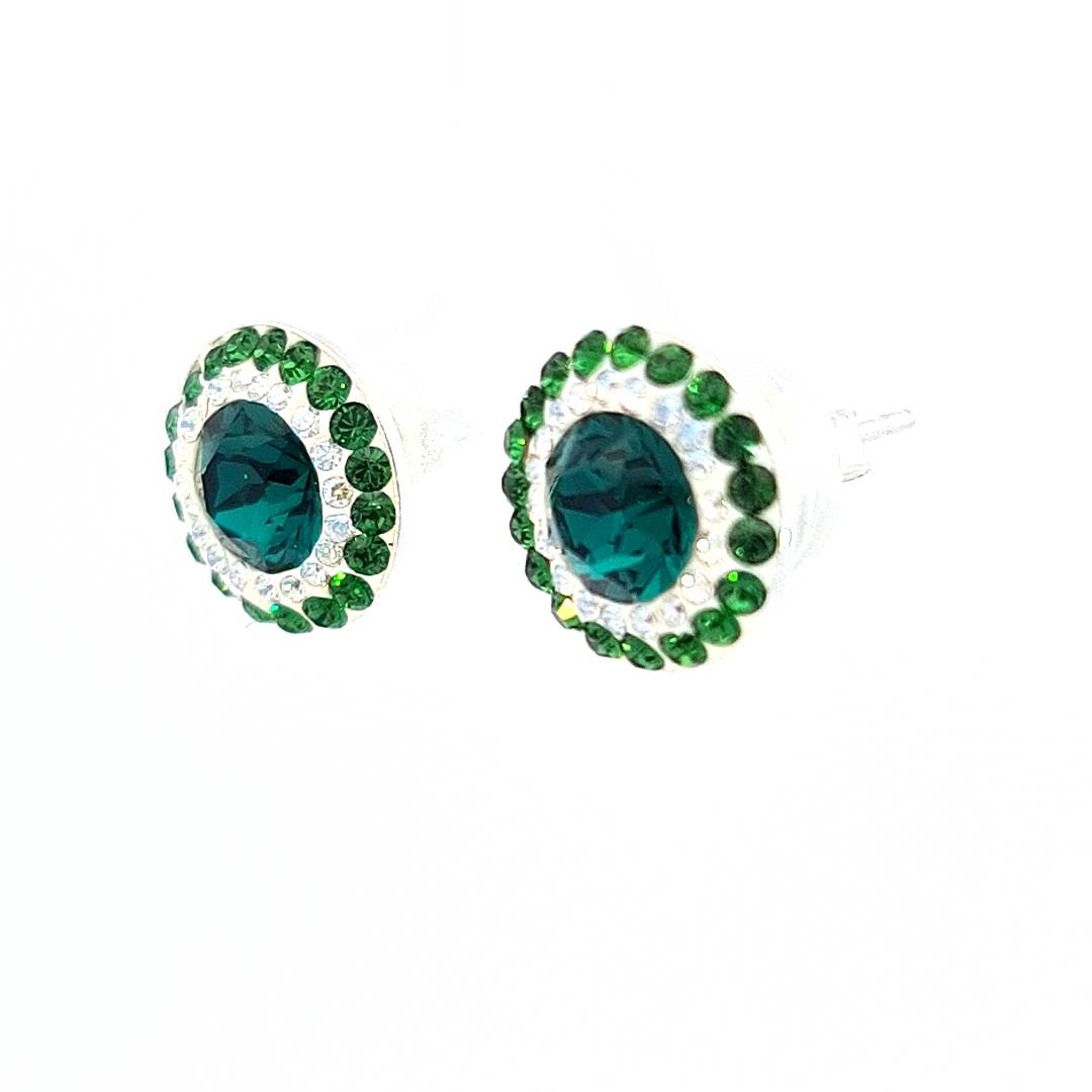 Sterling Silver Stud Earrings for Woman, with Emerald Crystals and Double Halo