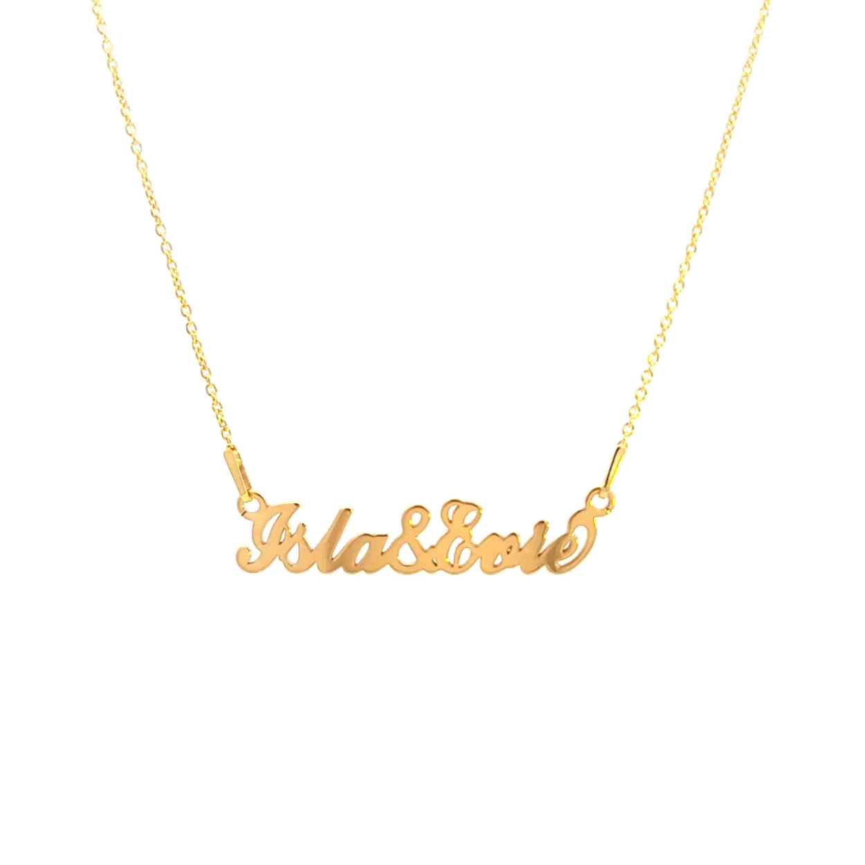 Front view of the personalised double name necklace in 24k gold plating with sterling silver base.