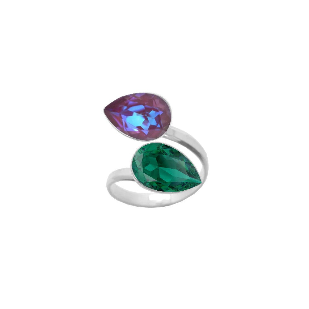 A sophisticated dual crystal ring for women, crafted from 925 Sterling silver with Burgundy Delite and Emerald Green pear-cut crystals, wrapped delicately around the finger, handmade by Magpie Gems in Ireland.