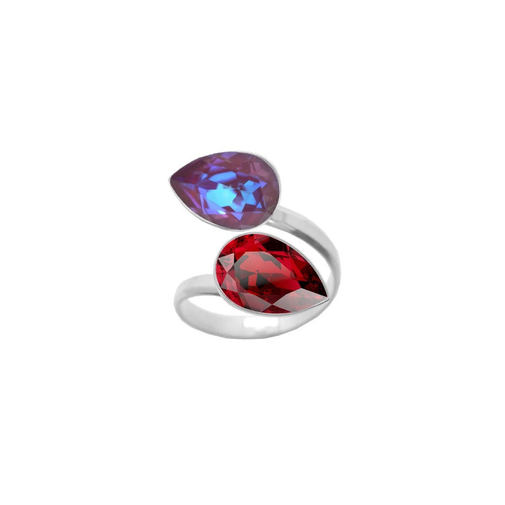 A stunning 925 Sterling silver ring with a wrap-around design, showcasing double pear-cut crystals in Burgundy Delite and Scarlet Red teardrop shapes, beautifully handcrafted for women by Magpie Gems in Ireland.