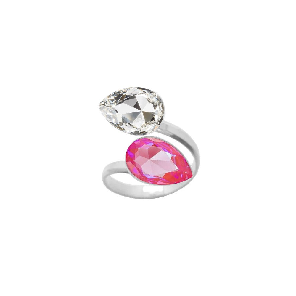 A beautiful 925 Sterling silver ring featuring a wrap-around design with dual pear-cut crystals in Clear and Lotus Pink teardrop shapes, handcrafted for women by Magpie Gems in Ireland.