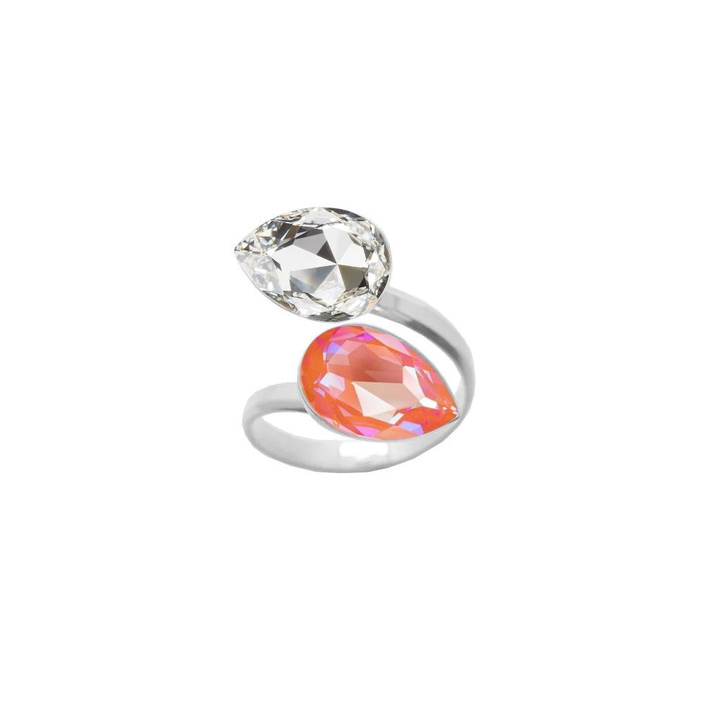 A stunning 925 Sterling silver ring with a wrap-around design, featuring dual pear-cut crystals in Clear and Orange Glow Delite teardrop shapes, expertly handcrafted for women by Magpie Gems in Ireland.