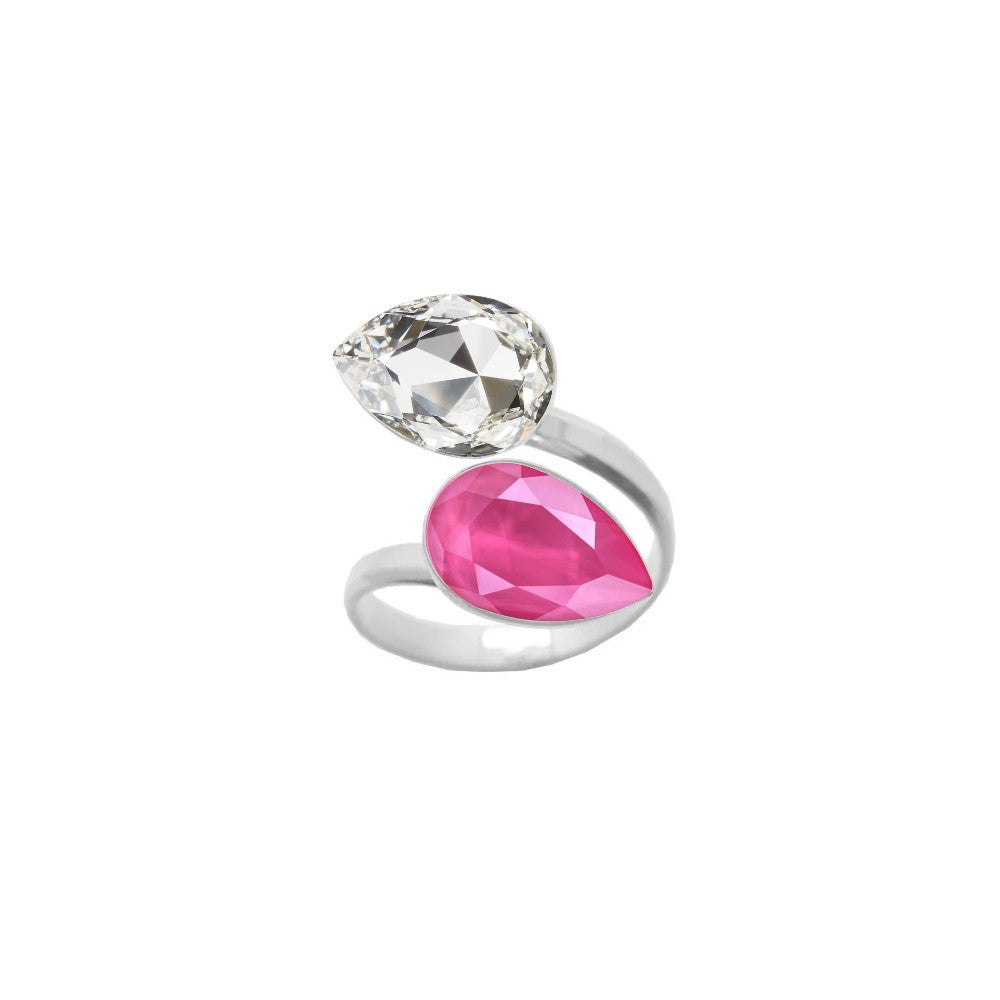 A delicate 925 Sterling silver ring with a wrap-around design, adorned with dual pear-cut crystals in Clear and Peony Pink teardrop shapes, expertly handcrafted for women by Magpie Gems in Ireland.