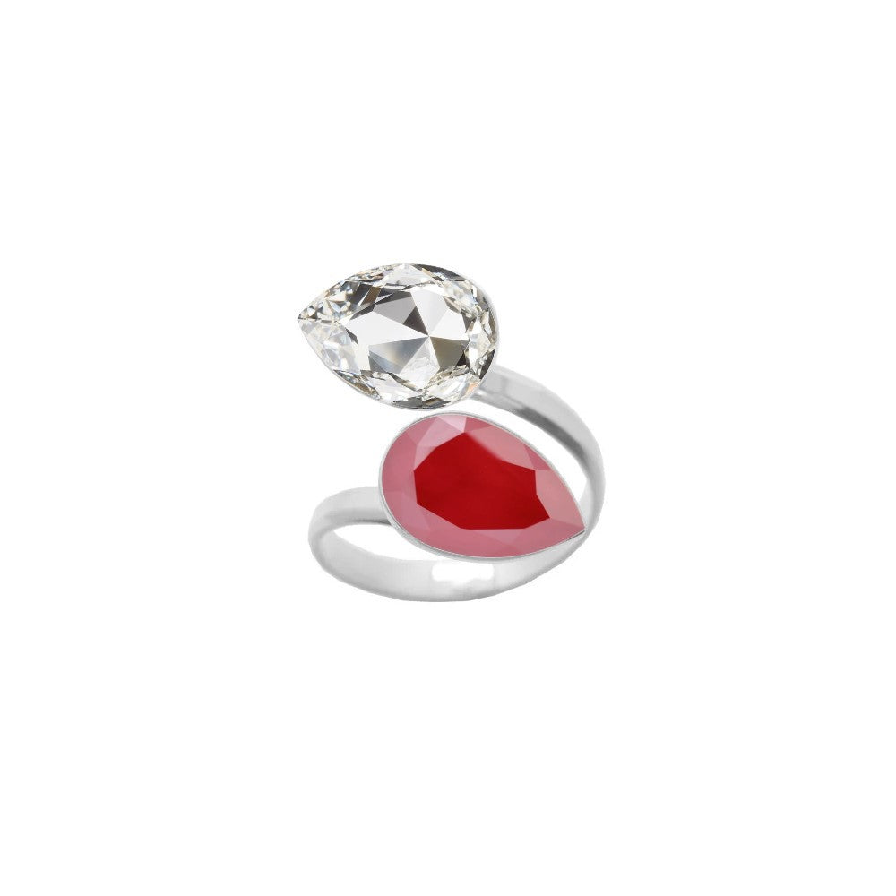 A luxurious 925 Sterling silver ring with a wrap-around design, featuring dual pear-cut crystals in Clear and Royal Red teardrop shapes, exquisitely handcrafted for women by Magpie Gems in Ireland.