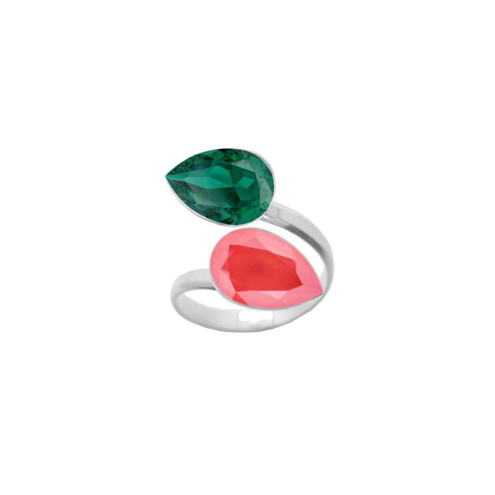 A statement ring crafted from 925 Sterling silver, featuring large dual pear-cut crystals in Emerald Green and Light Coral teardrop shapes, meticulously handcrafted for women by Magpie Gems in Ireland.