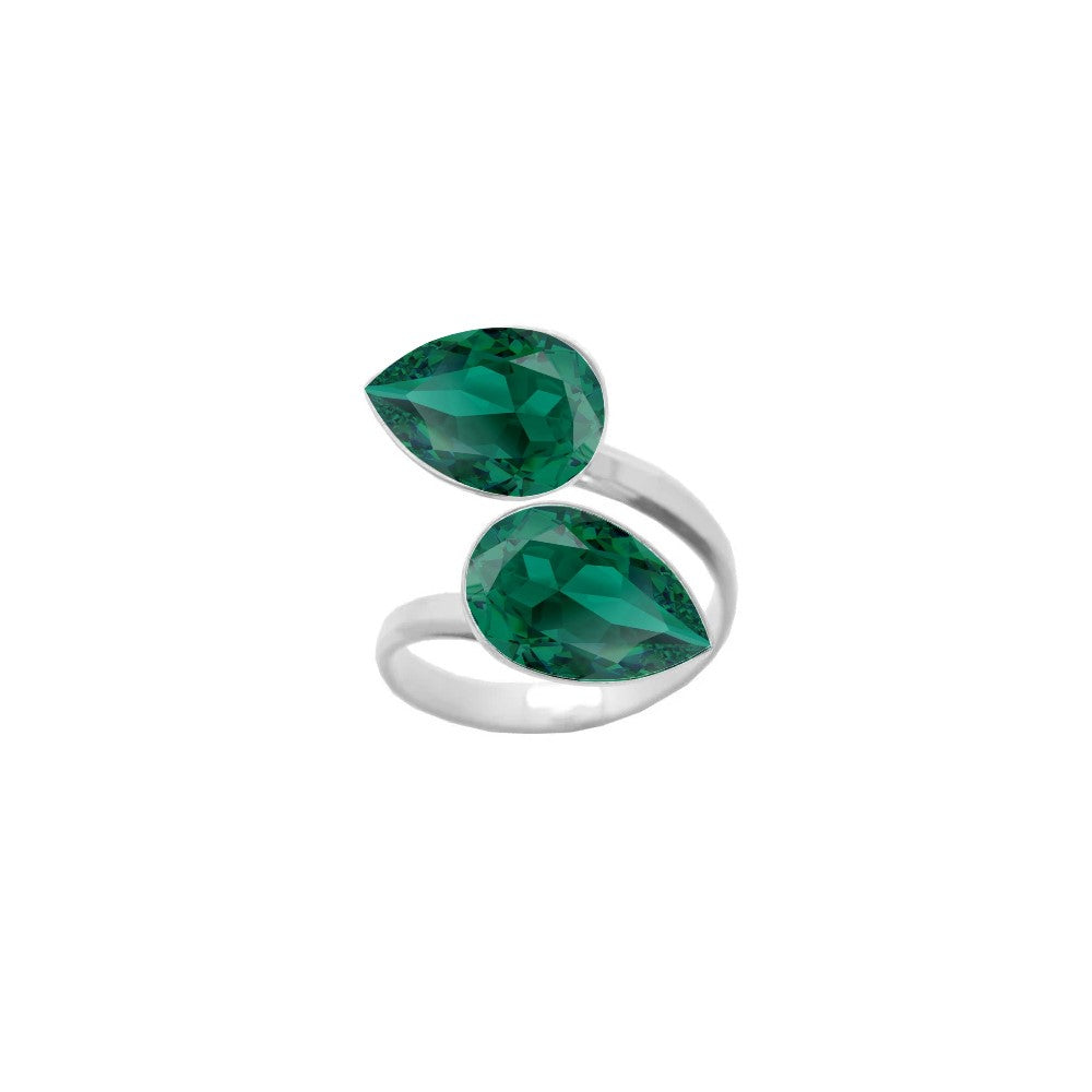 A stunning 925 Sterling silver wrap-around cocktail ring adorned with dual Emerald Green pear-cut crystals, beautifully handcrafted for women by Magpie Gems in Ireland.