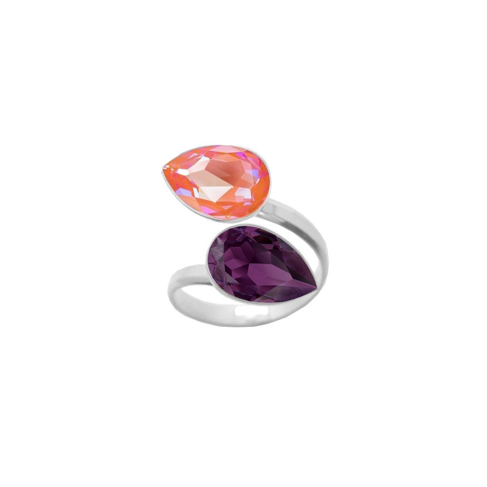 Orange Glow Delite and Amethyst Purple pear-cut crystals embellish this 925 Sterling silver wrap-around ring, a handmade piece for women by Magpie Gems, symbolising elegance and craftsmanship from Ireland.