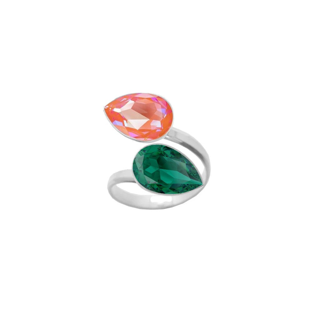 Orange Glow Delite and Emerald Green pear-cut crystals embellish this 925 Sterling silver wrap-around ring, a handmade piece for women by Magpie Gems, symbolising elegance and craftsmanship from Ireland.