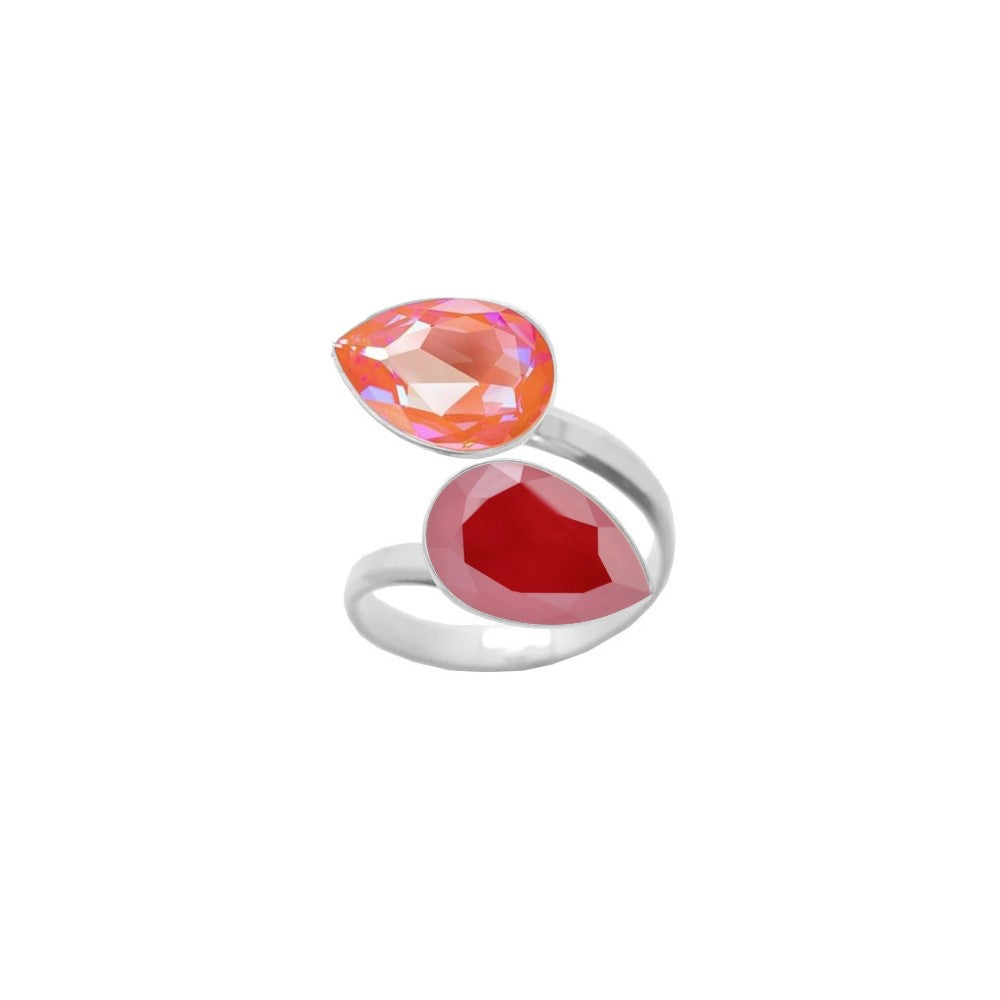 An elegant dual crystal ring for women, crafted from 925 Sterling silver with Orange Glow Delite and Royal Red pear-cut crystals, wrapped delicately around the finger, handmade by Magpie Gems in Ireland.